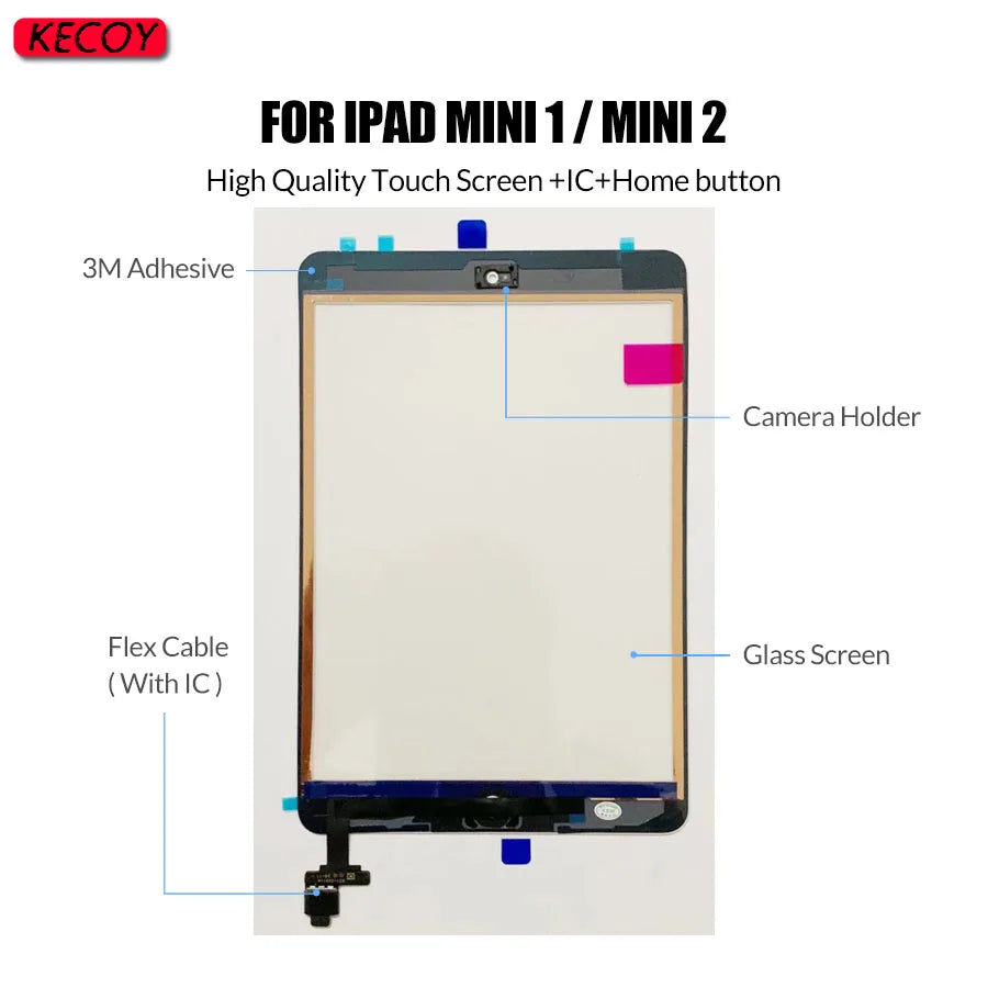 1Pcs Touhscreen For iPad Mini1 Mini2 A1432 A1454 A1455 A1489 A1490 Touch Screen Panel Digitizer +IC Chip Connector Flex+Button  iPad repair parts