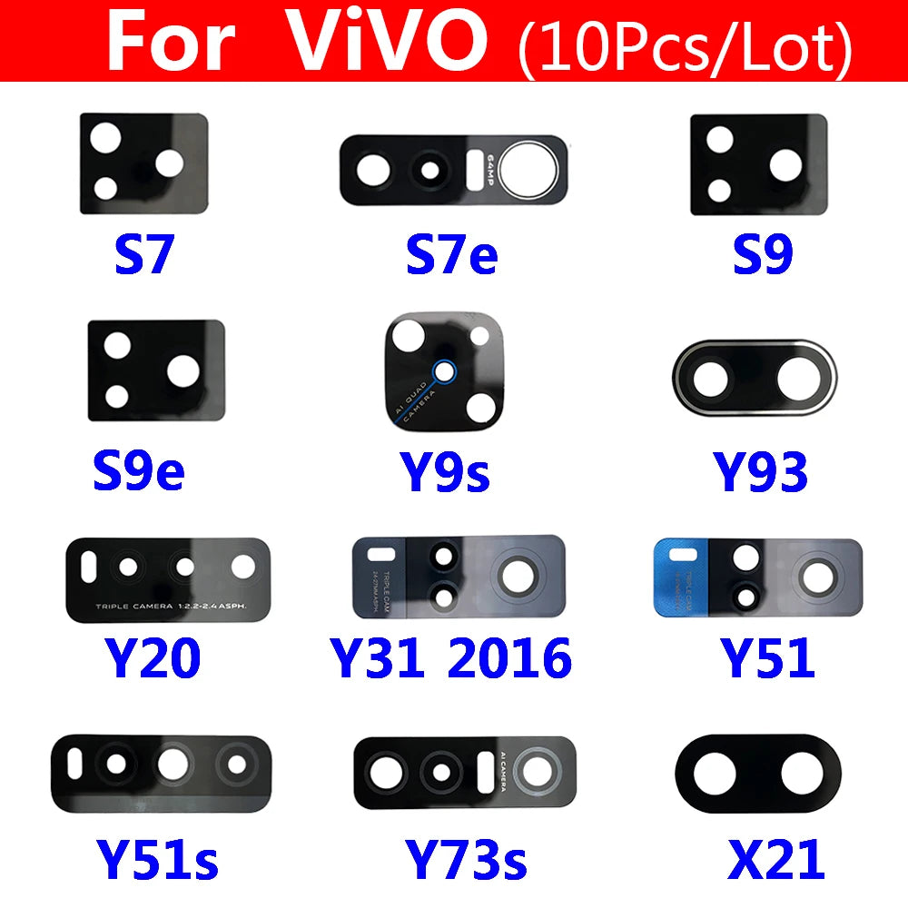 10Pcs/Lot, Back Rear Camera Glass Lens With Adhesive For Vivo IQOO 3 U3 Z1 S7 S9 S9e V17 X21 X50 Y9S Y20 Y31 Y51 Y51S Y73S Y93S Vivo phone repair parts