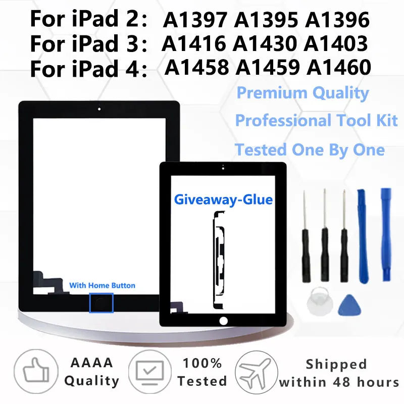 New Touch Screen For Apple iPad 2 IPad3 IPad4 A1416 A1430 A1403 A1458 A1459 LCD Outer Digitizer Sensor Glass Panel Replacement  iPad repair parts