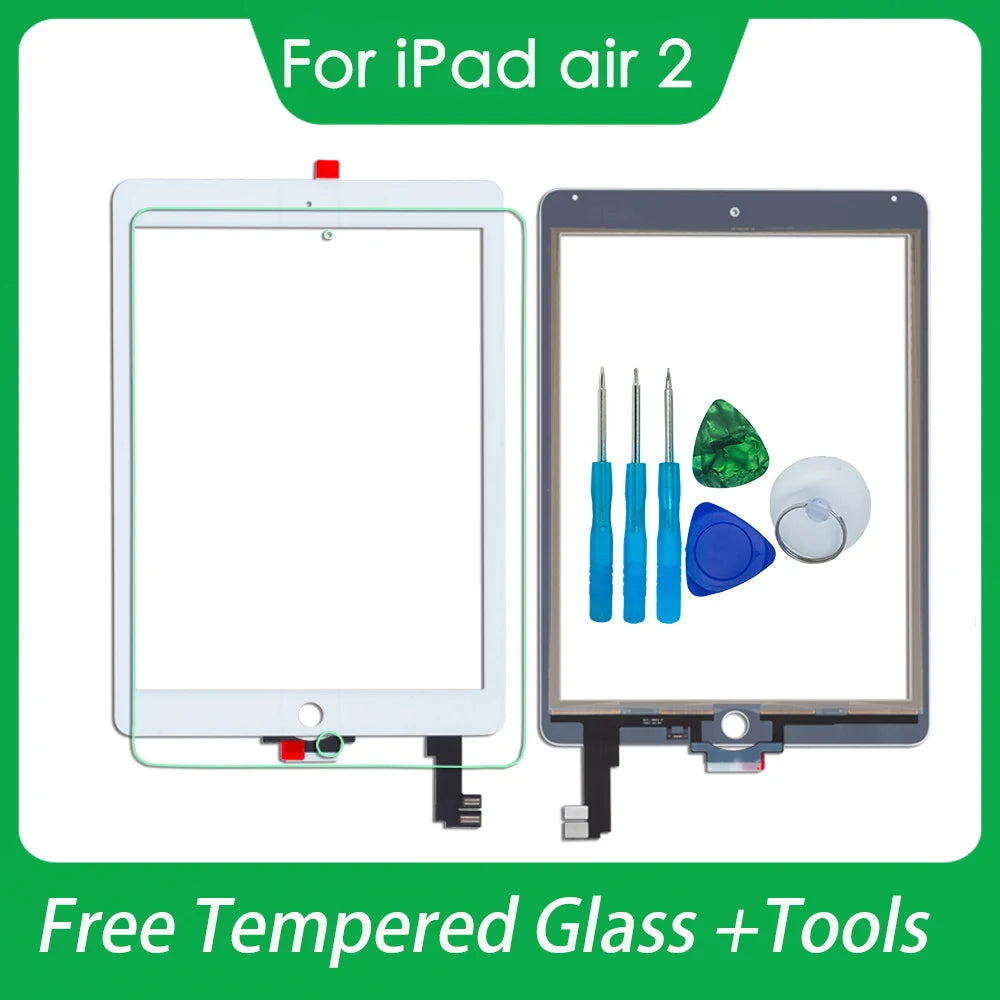 For iPad Air 2 Touch Screen Glass Digitizer With Flex Cable  A1567 A1566  Free Tools WithTempered Glass iPad tablet repair parts