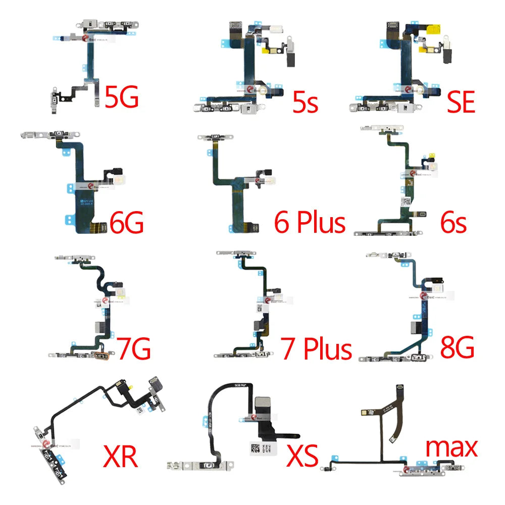 Power Flex For iPhone 5G SE 6 6s 7 8 Plus 7G 8G 6G X XR XS MAX Mute & Volume Button Switch Key Power Flex Cable With Metal Parts iPhone phone repair parts