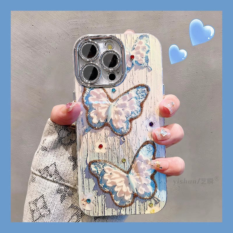 Accessories for Apple 15ProMax mobile phone case iPhone14 blue light point diamond oil painting butterfly flower 12 Korean women's models