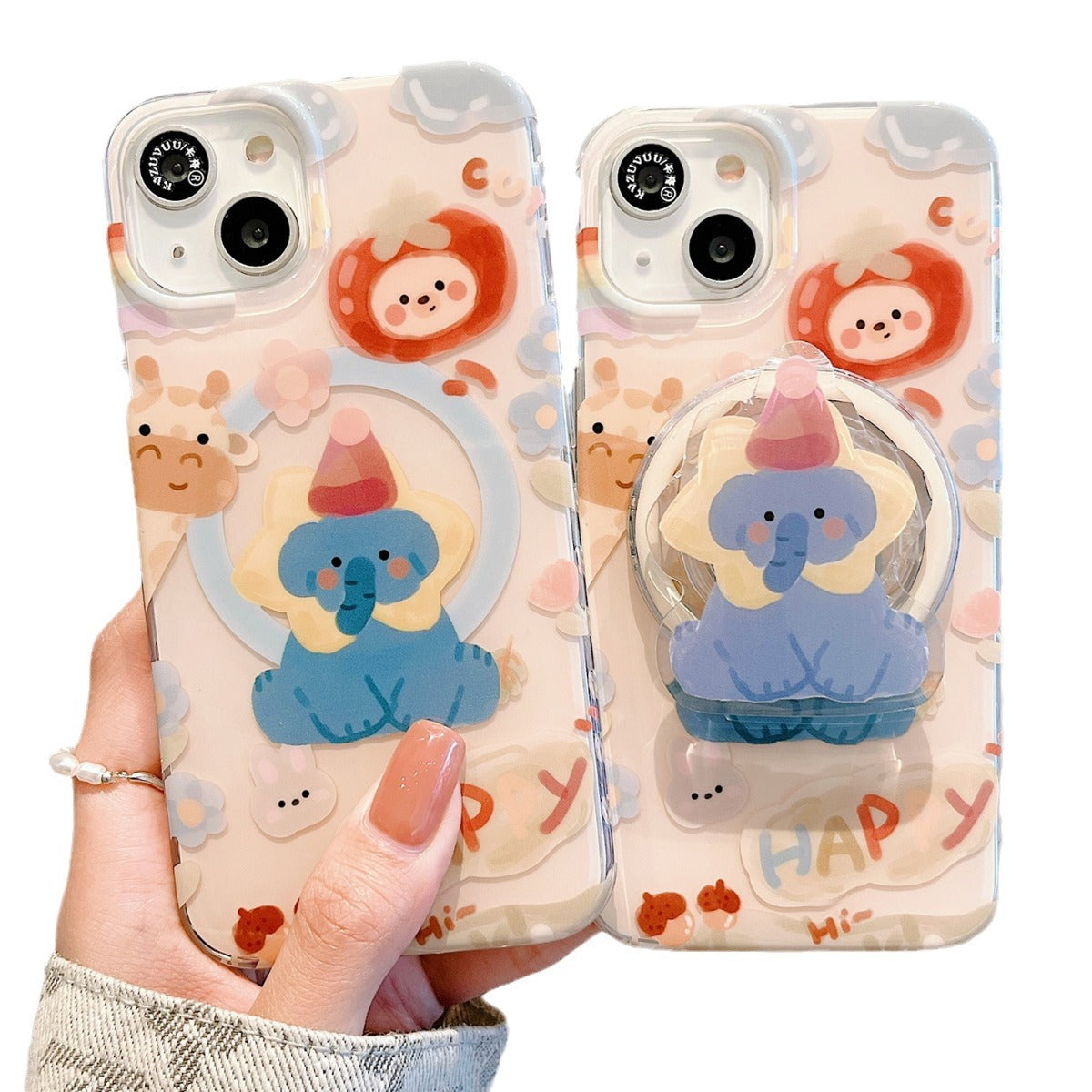 Accessories for Apple 15 mobile phone case iphone14promax white deer with the same blue elephant magnetic suction bracket 13 fun