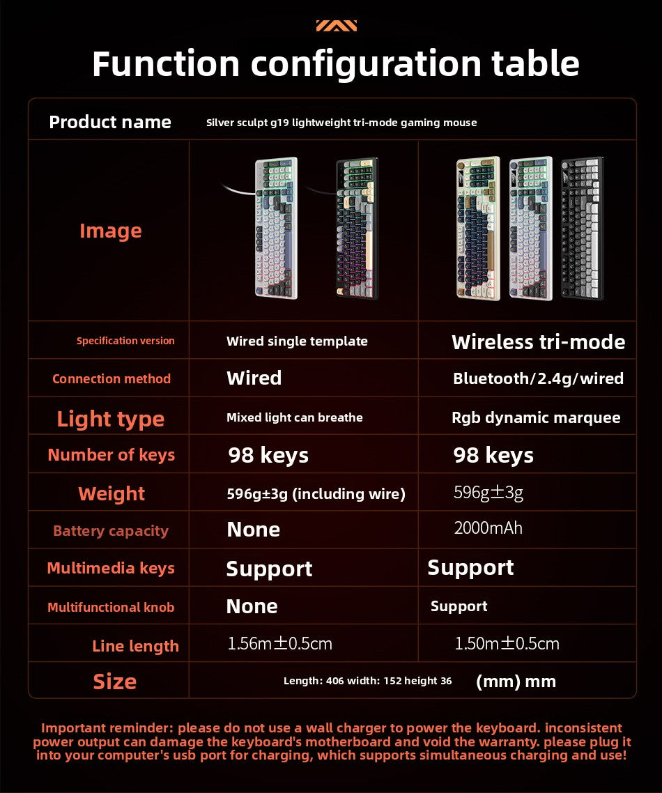 Silver Diao K10 wireless bluetooth three-mode gaming keyboard USB silent RGB wired office charging computer rohs