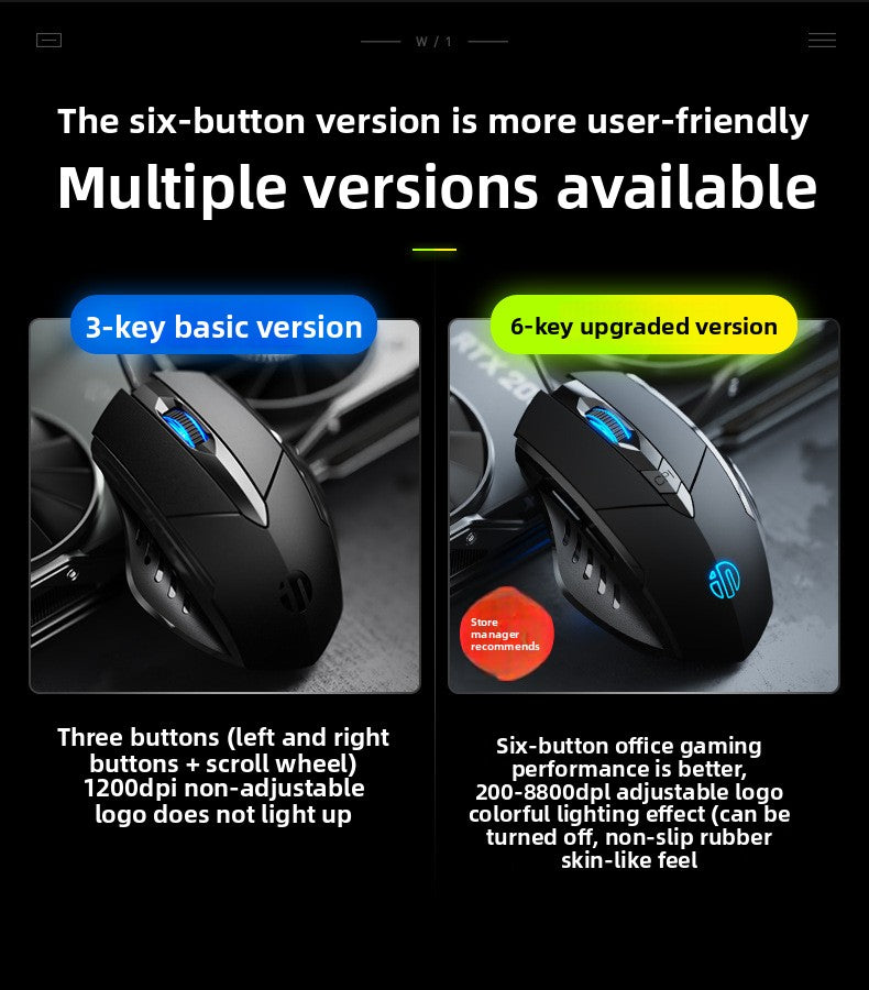 W1 silent wired mouse e-sports game mouse six-button business office luminous home