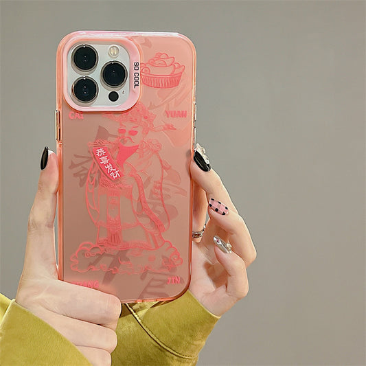 Accessories Pink God of Wealth Gong Xi Fa Cai for iphone14Promax iPhone 13 Case 11 Guochao 12 Scrub