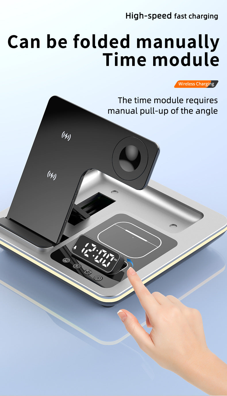 Popular folding three-in-one wireless charger, desktop mobile phone holder, multi-function clock digital display wireless charging