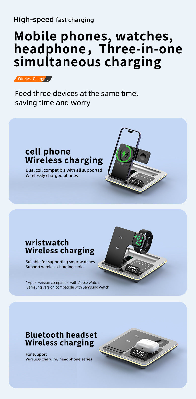 Popular folding three-in-one wireless charger, desktop mobile phone holder, multi-function clock digital display wireless charging