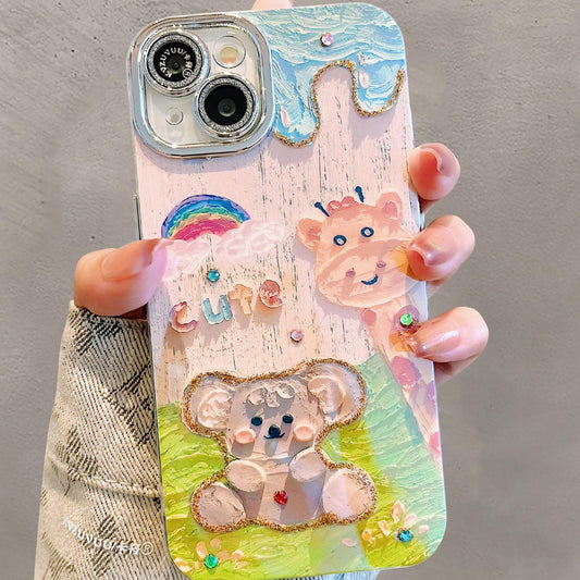 Accessories for iPhone 15 mobile phone case iphone14promax oil painting giraffe bear 13 blue light point drill lens film