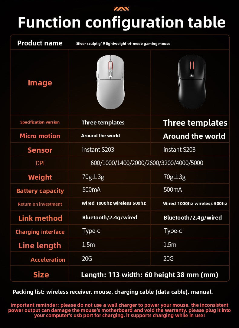 Silver Diao GI9 wireless three-mode lightweight Bluetooth mouse game e-sports desktop computer RGB wired