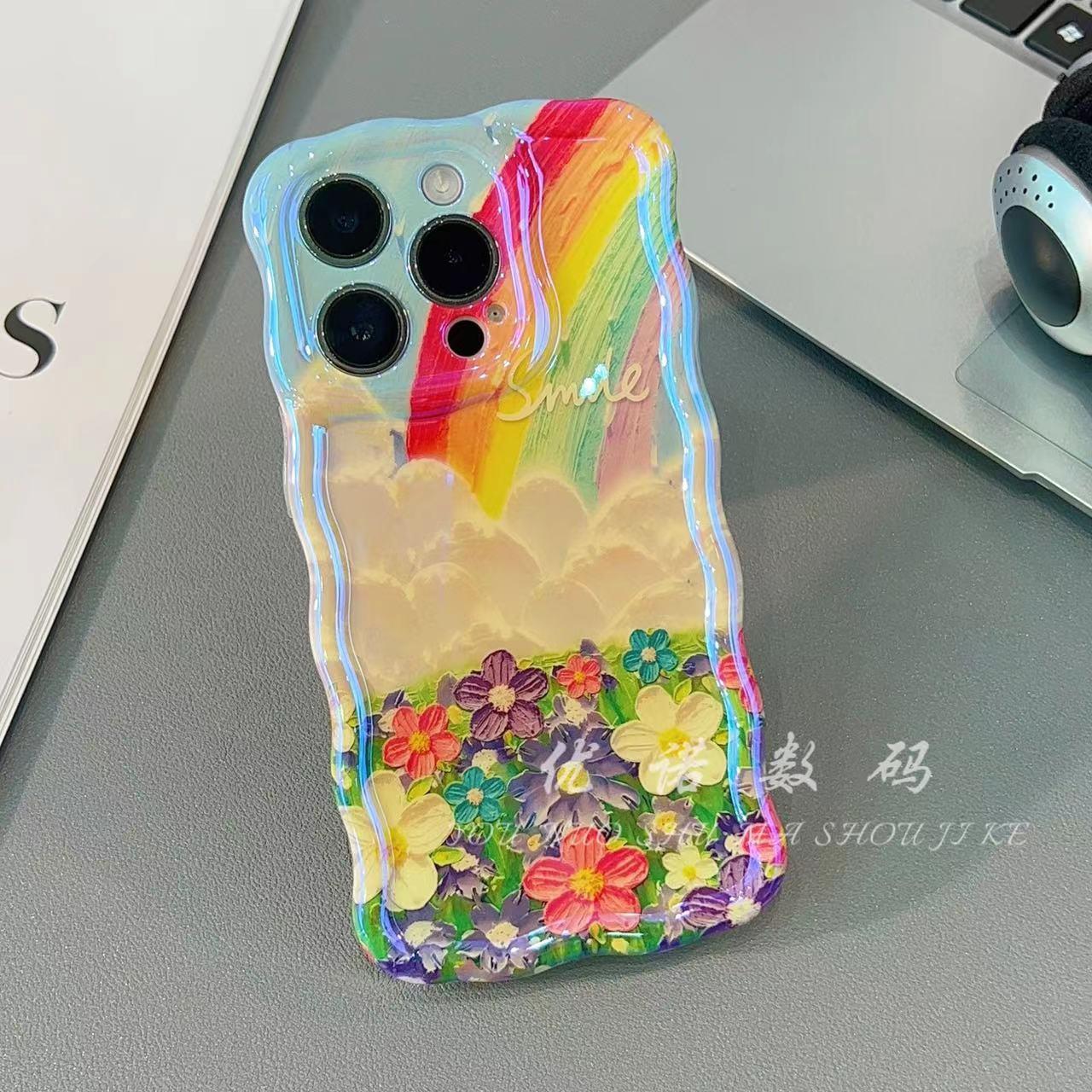 Accessories [Apple] iPhone14/13/12promax anti-drop blue light rainbow flower hand beads women's new mobile phone case