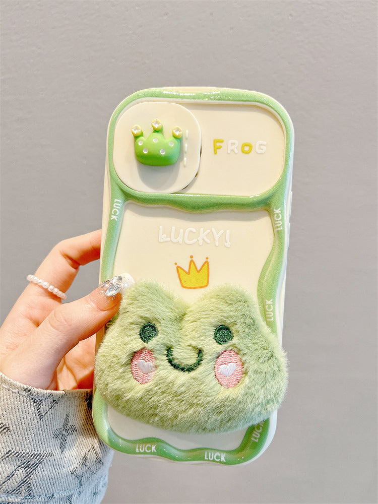 Accessories for Apple 15promax mobile phone case 13 autumn and winter plush frog sliding window 14 new 15pro all-inclusive