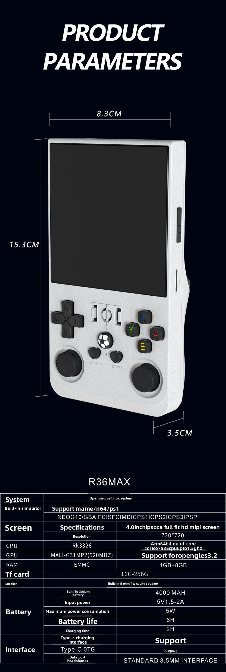 4"inch R36max IPS HD PSP Linux 4000mAh type C rechargable 2.4G Support wireless gamepad Ultra-Thin games Handheld Game Player consolepsp retro dual system