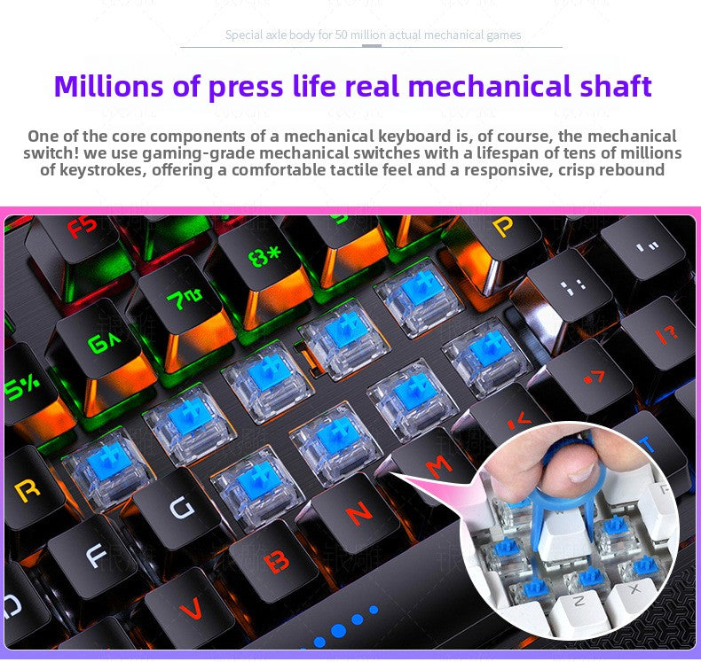Silver engraving K100 metal real mechanical keyboard, hand rest knob game blue axis wired USB