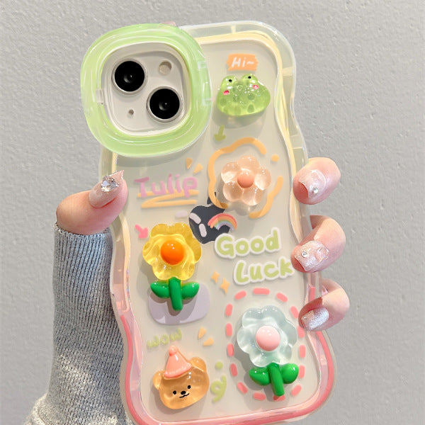 Accessories Frog Flower for Apple 13/14 Double Stand New iPhone 15 Cute Niche Mobile Phone Case Creative Cartoon