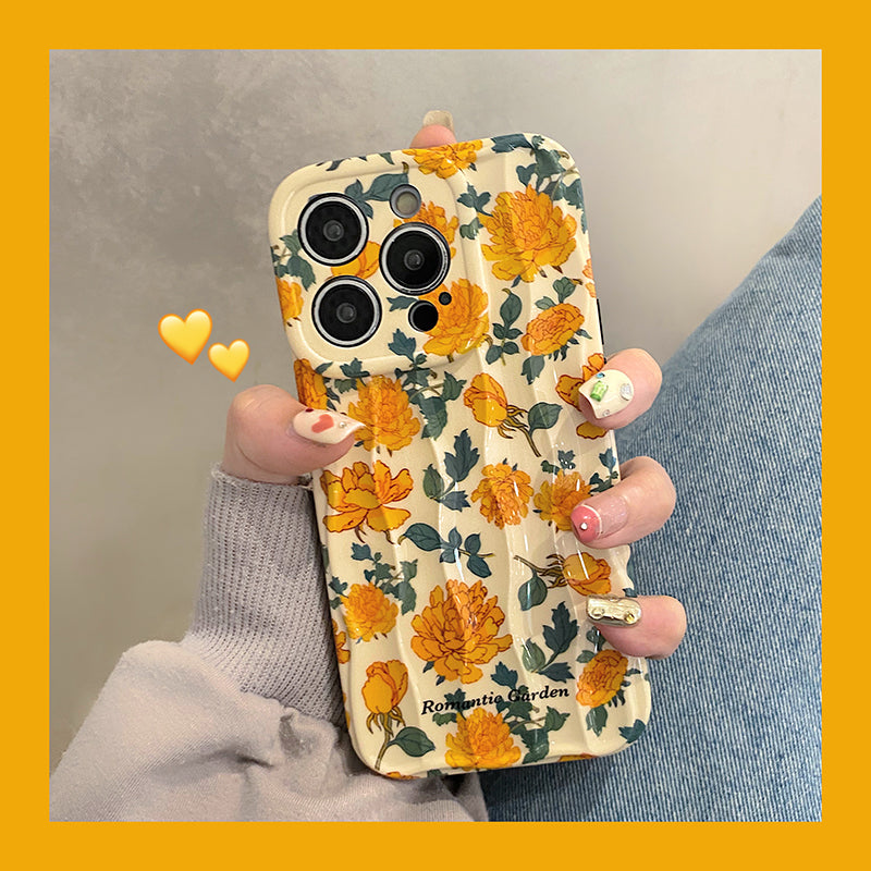 Accessories ins wind green leaves full screen yellow flowers suitable for apple 15promax mobile phone case iphone14pro advanced sense 13p