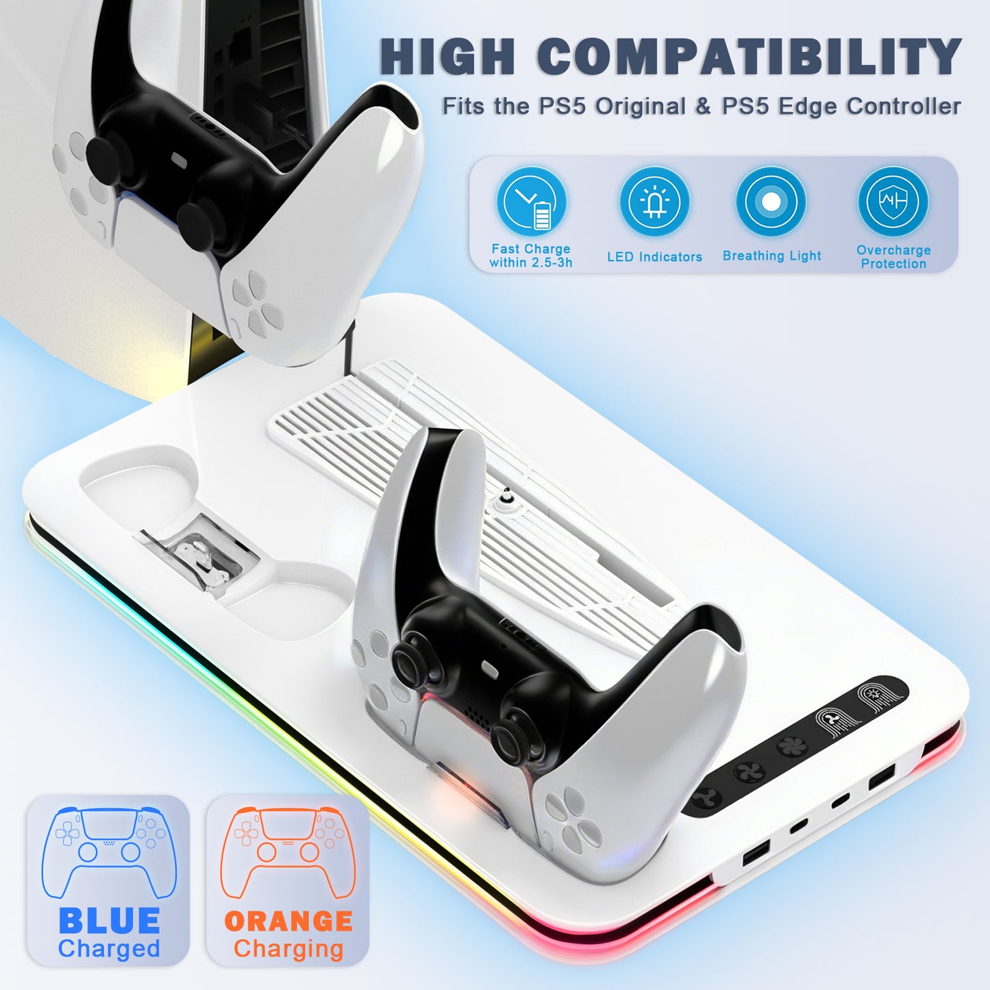 PS5/SLIM/PRO Multifunctional Host Cooling Fan Seat Charger Host Cooling Base Storage Rack with RGB Light