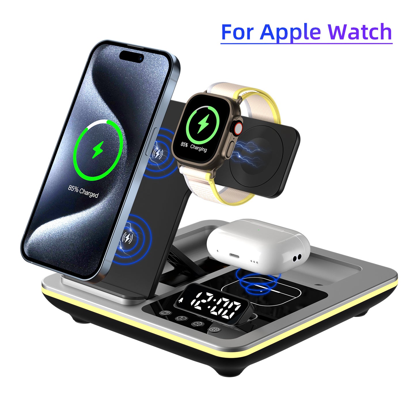 Popular folding three-in-one wireless charger, desktop mobile phone holder, multi-function clock digital display wireless charging