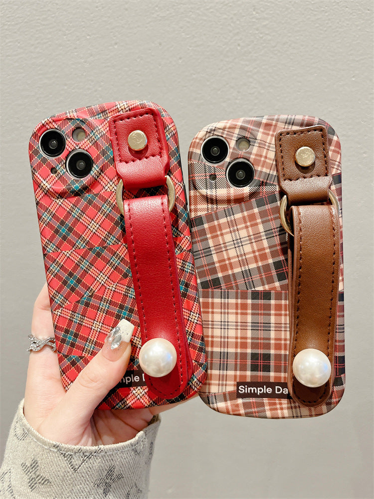 Accessories for Apple 15promax mobile phone case splicing plaid wrist strap new iphone15pro silicone case