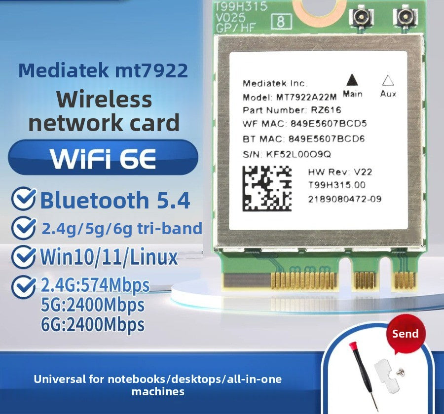 Wifi card for MT7922/MT7925/MT7902 WiFi6 WiFi6E MediaTek AW-XB604NF MT7921K MT7927 MT7922A22M MT7902 MT7925B22M RZ616 RZ608 RZ717 RZ608 0C011-00300100 0R5DHJ Wireless network interface card Bluetooth 5.4 Laptop Desktop AMD