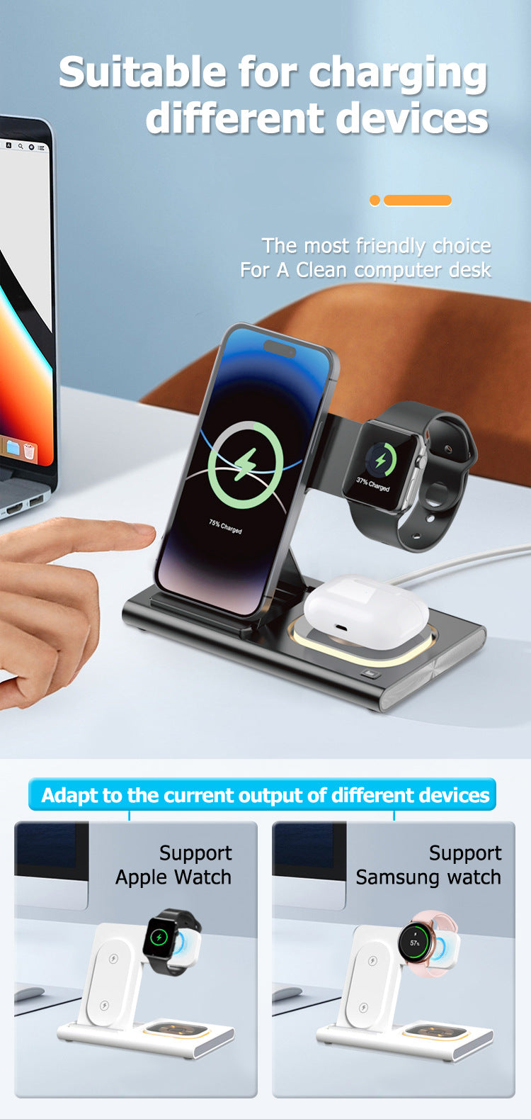 apple samsung 3-in-1 wireless charger supports fast charging multi-function