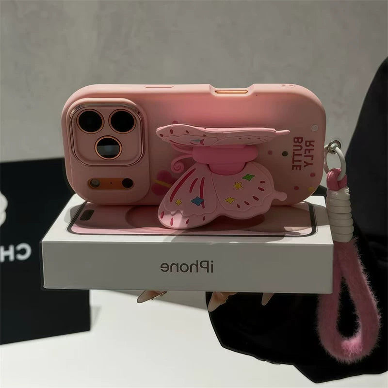 Wonderful pink butterfly for iPhone 17promax plush lanyard mobile phone case 16 huawei mate70 new butterfly bracket OPPO Reno14 metal little fat girl vivos30 millet 15 soft Phone accessories