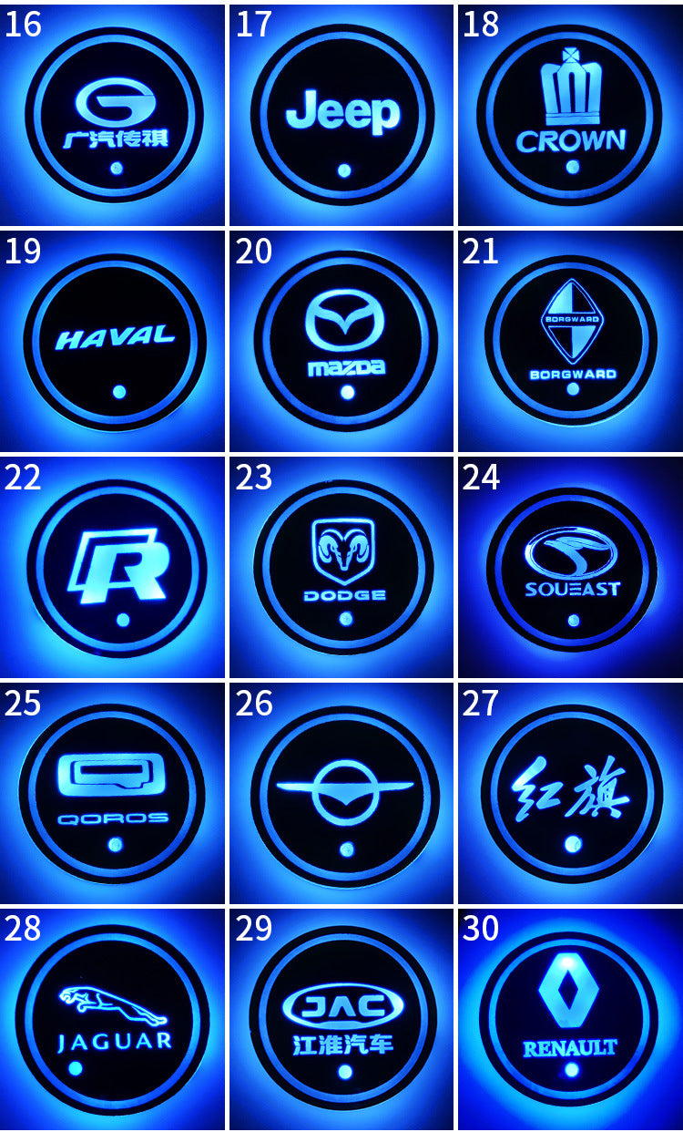 (Free shipping) Full brand Car LED light water coaster Colorful water coaster Car atmosphere light USB charging Non-slip mat