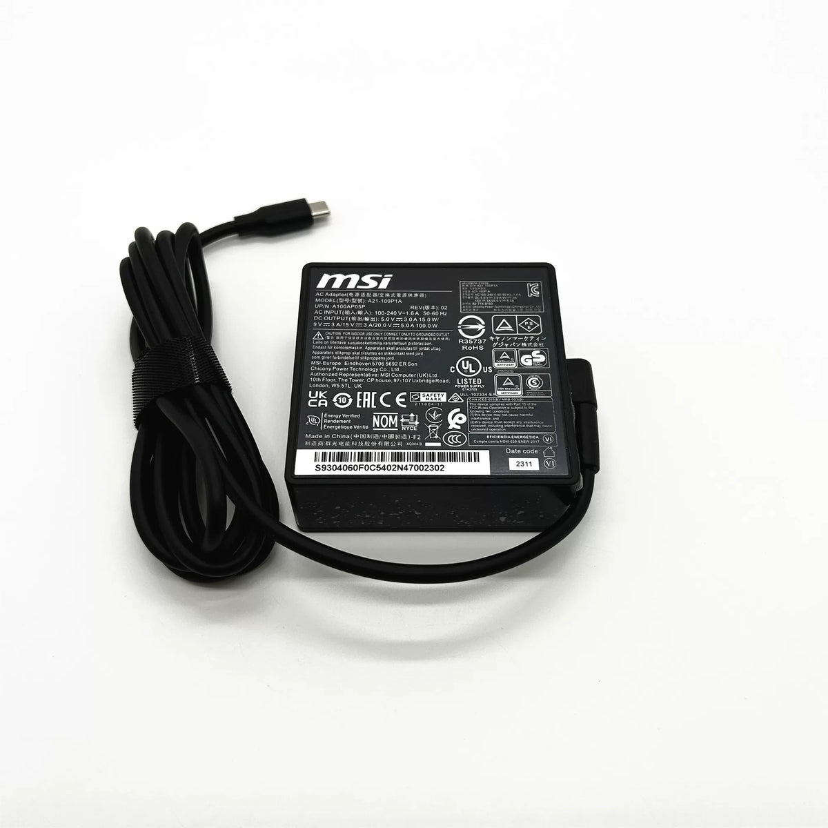 Genuine New Adapter A21-100P1A 100W 20V 5A USB-C Type-C AC Adapter Charger For MSI P14 P15 A12 E16 MS-16S8 Prestige 16 Evo A13M-259US MS-1562 Stealth 15M A11SDK-063US power supply MSI laptop repair parts
