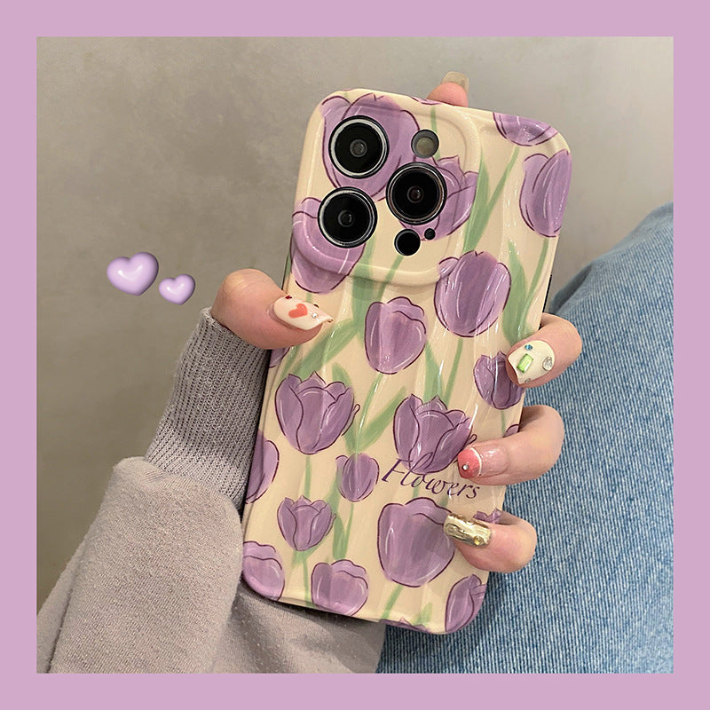 Accessories ins wind purple tulip flower for apple 15promax mobile phone case iphone14pro premium sense 13p