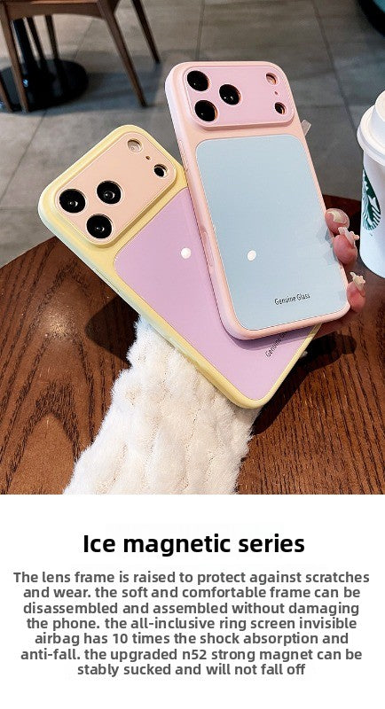 Ice glass magnetic suction For iPhone 18promax mobile phone case New iPhone17 dopamine contrasting splicing Built-in magnetic suction 16pro silicone soft edge women's case Phone Accessories