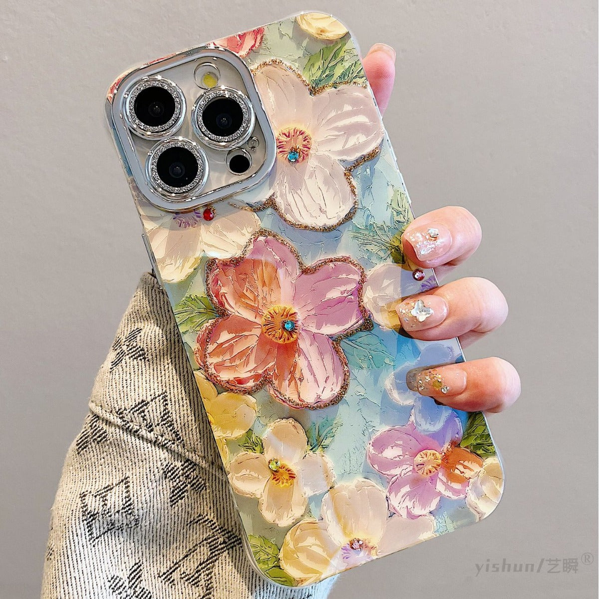 Accessories for Apple 15ProMax mobile phone case iPhone14 Hyunya wind blue light point diamond oil painting flower 12 glitter mirror