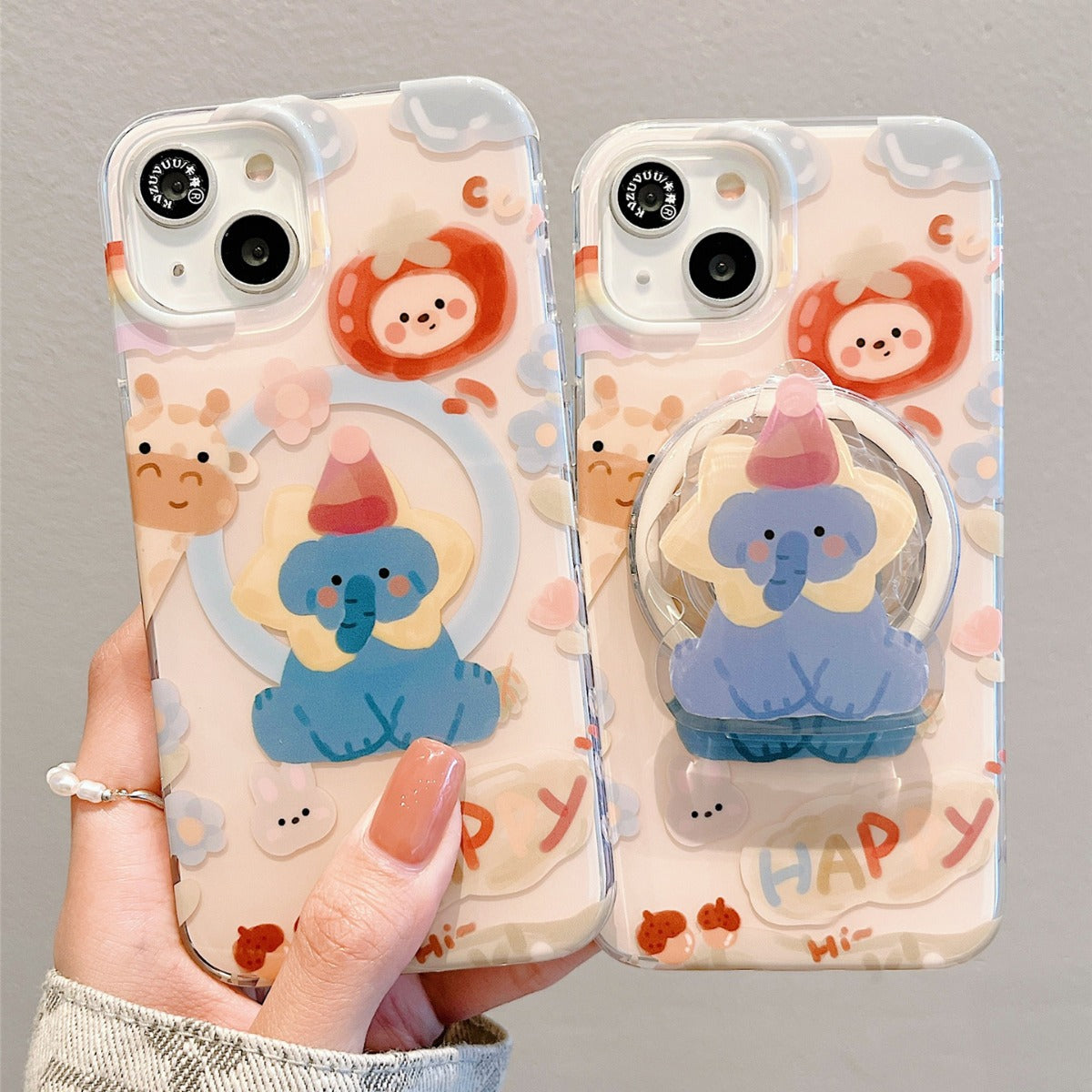 Accessories for Apple 15 mobile phone case iphone14promax white deer with the same blue elephant magnetic suction bracket 13 fun