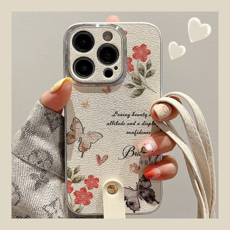 Accessories Superior sense beautiful butterfly flower messenger lanyard iphone15pro max mobile phone case apple 13 new