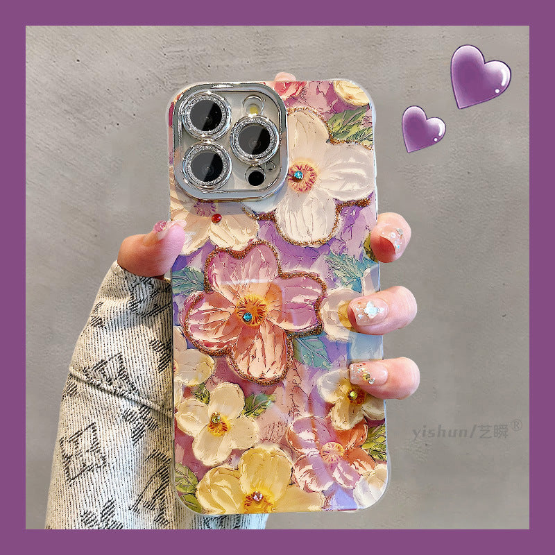 Accessories for Apple 15ProMax mobile phone case iPhone14 Hyunya wind blue light point diamond oil painting flower 12 glitter mirror