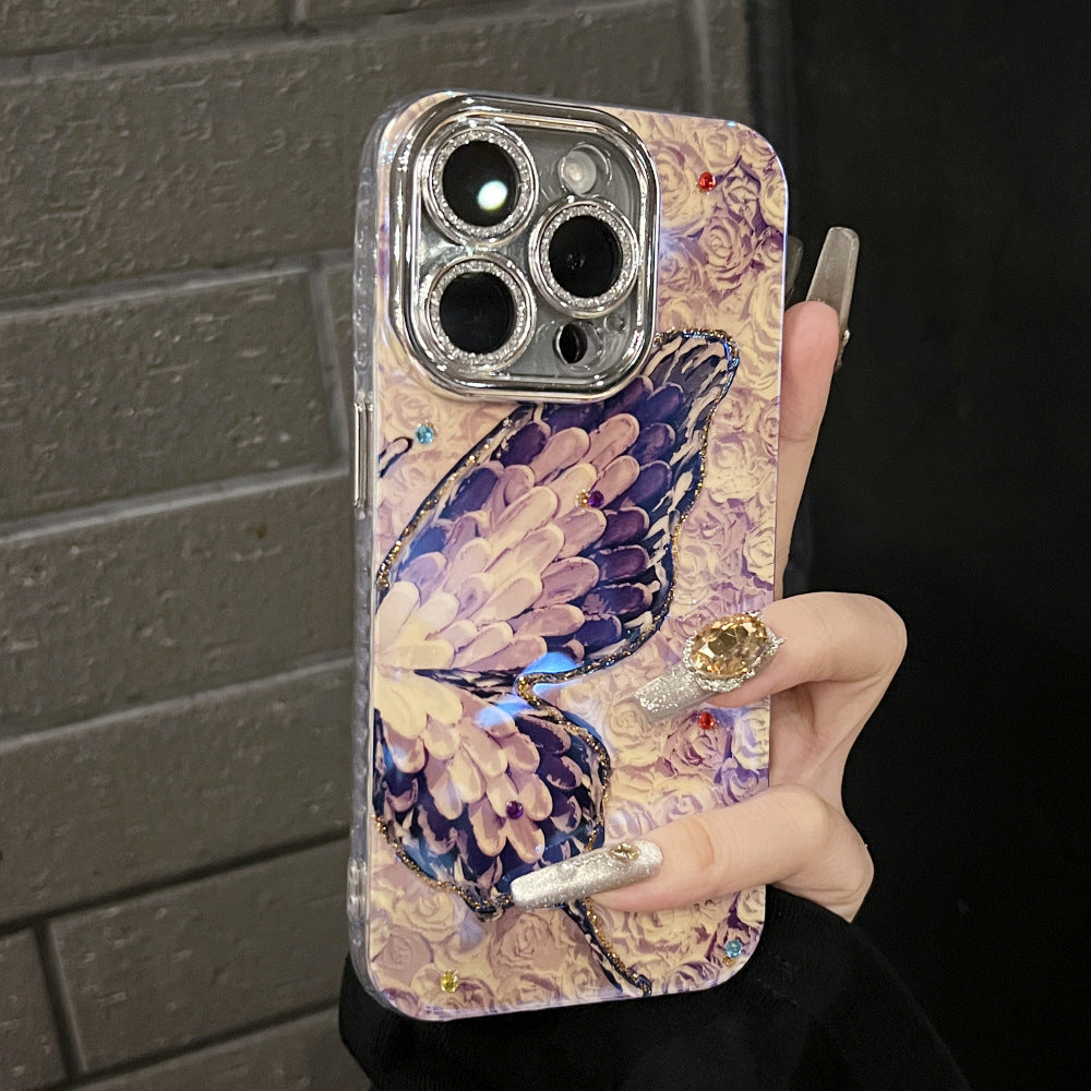 Accessories Oil Painting Butterfly Dot Drill High-end Luxury Applicable Apple 15promax Mobile Phone Case iPhone13 New 14Pro