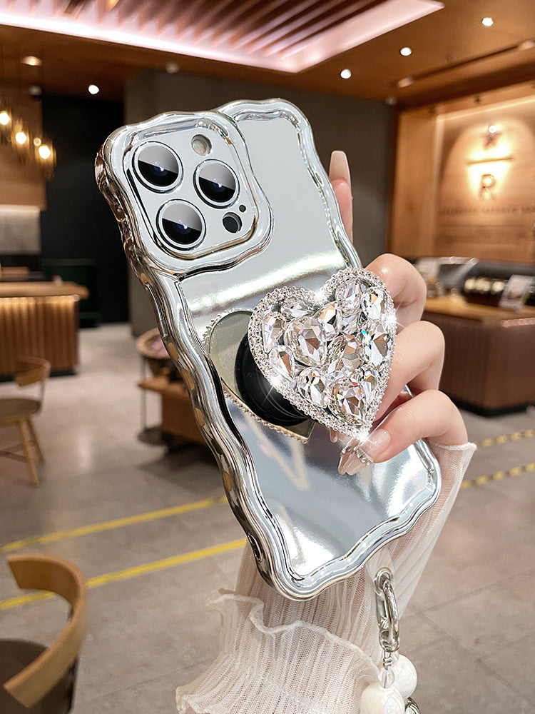 Accessories Silver mirror love rhinestone bracket for Apple 14promax mobile phone case iphone13 new 12pro