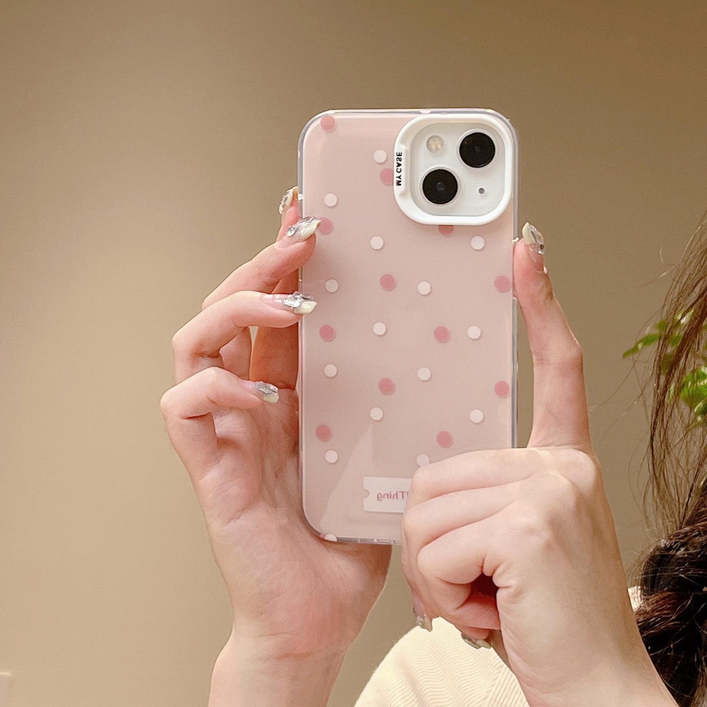 Accessories [Apple] iPhone14 13 12promax anti-drop ins lotus root powder brown and white polka dot women's mobile phone case