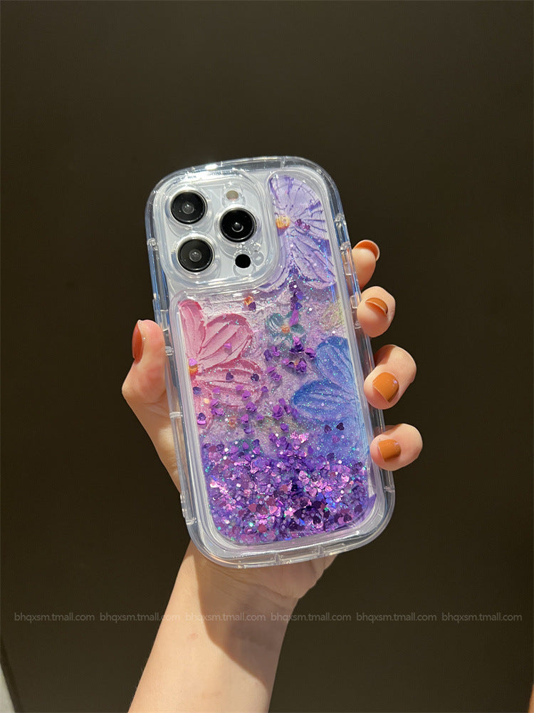 Accessories ins quicksand oil painting pink purple flowers for Apple 14promax mobile phone case iphone14pro simple