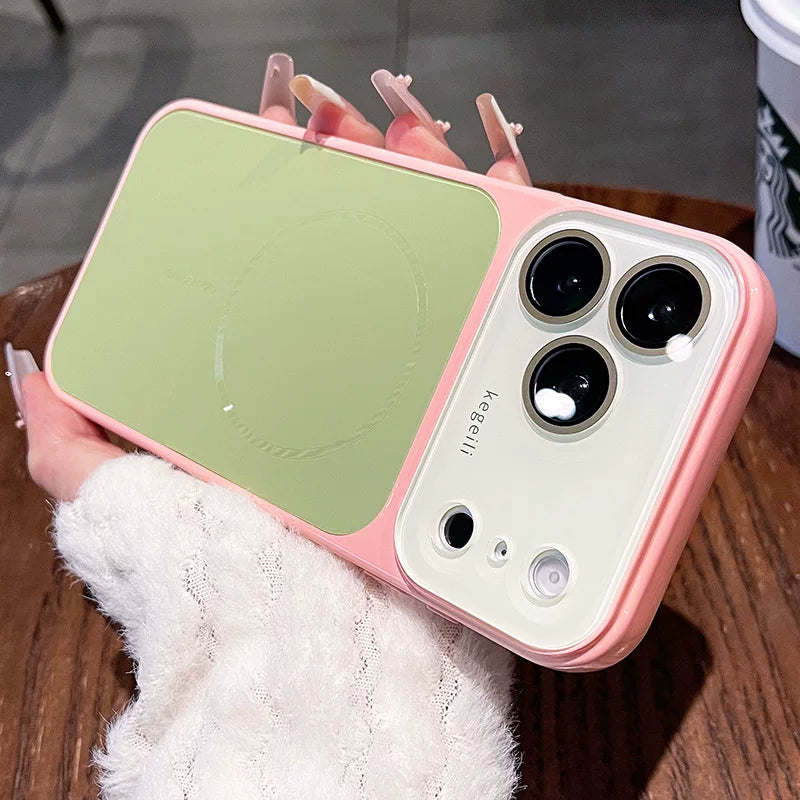 Large window contrast magnetic suction for iPhone 17promax mobile phone case New iPhone16 seconds change 17pro Large window fine ring magnetic suction protective case 15pro Women's case Phone accessories