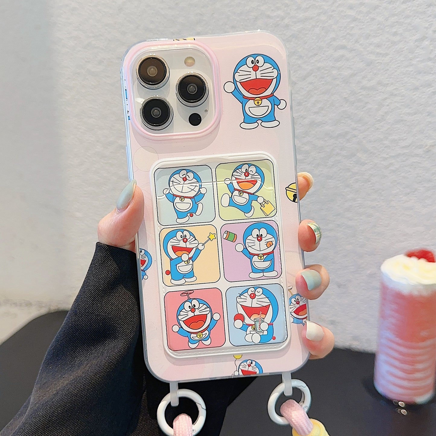 Accessories for Apple 15iPhone Cute 14Pro Cartoon Card Bag Lanyard Jingle Cat Doraemon Phone Case 12p