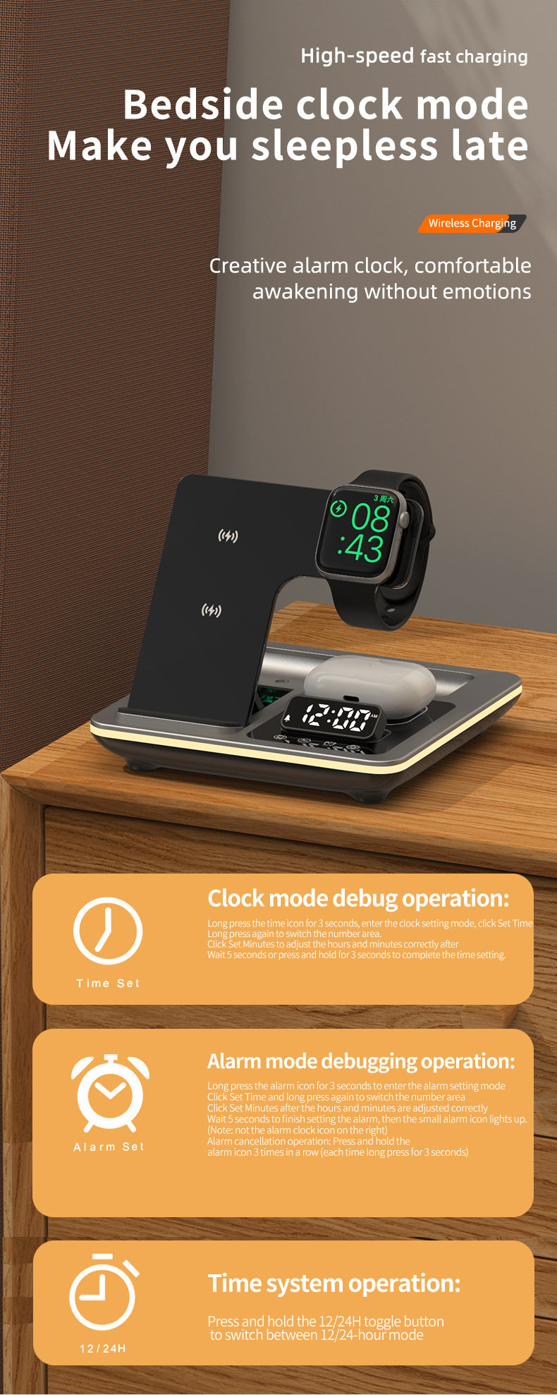 Popular folding three-in-one wireless charger, desktop mobile phone holder, multi-function clock digital display wireless charging