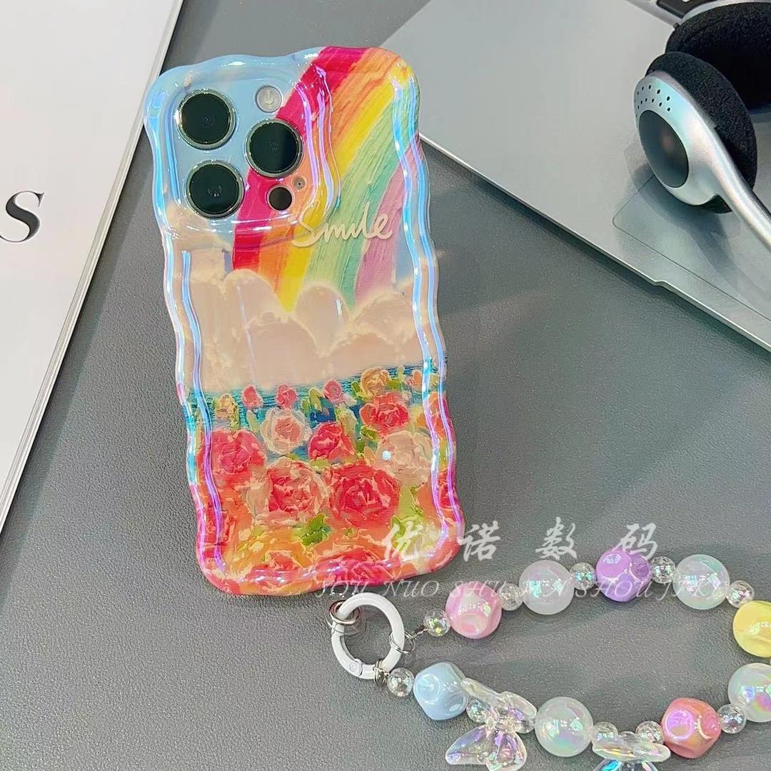 Accessories [Apple] iPhone14/13/12promax anti-drop blue light rainbow flower hand beads women's new mobile phone case