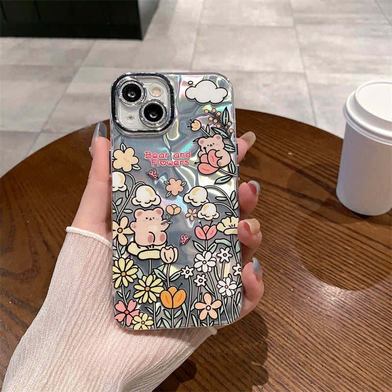 Accessories Cartoon Water Ripple Flower Bear Applicable to iPhone15 Mobile Phone Case Apple 14promax Lens Film 13pro