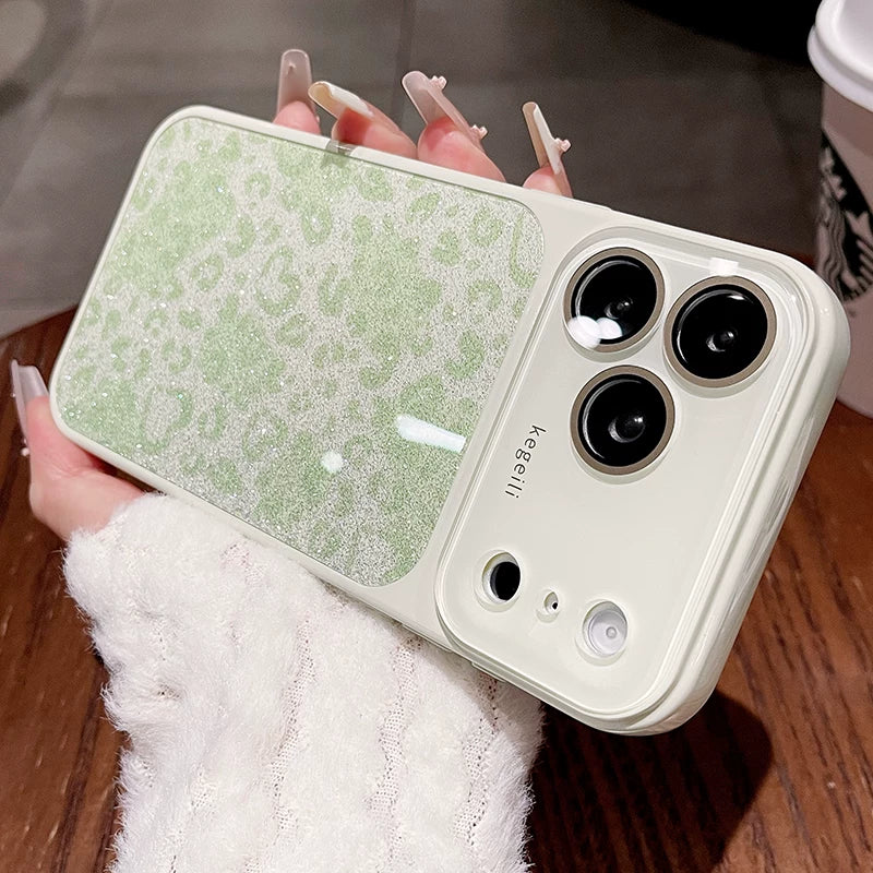 Glitter love leopard print for iPhone 17promax mobile phone case new iPhone16 seconds change 17pro large window lens film all-inclusive 15pro sweet cool women's shell Phone accessories