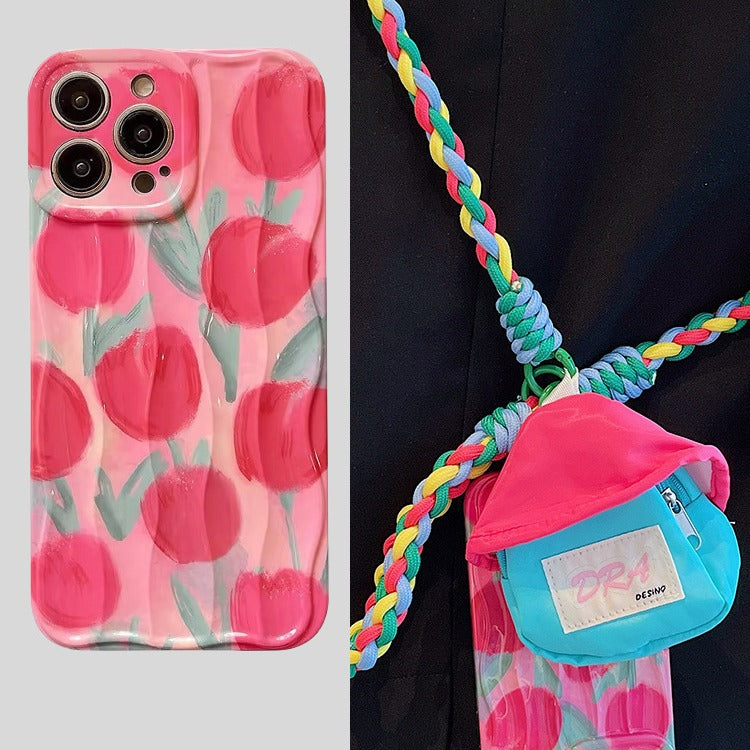 Accessories for Apple 15promax mobile phone case 13/14 small fresh and beautiful tulip 14promax messenger lanyard