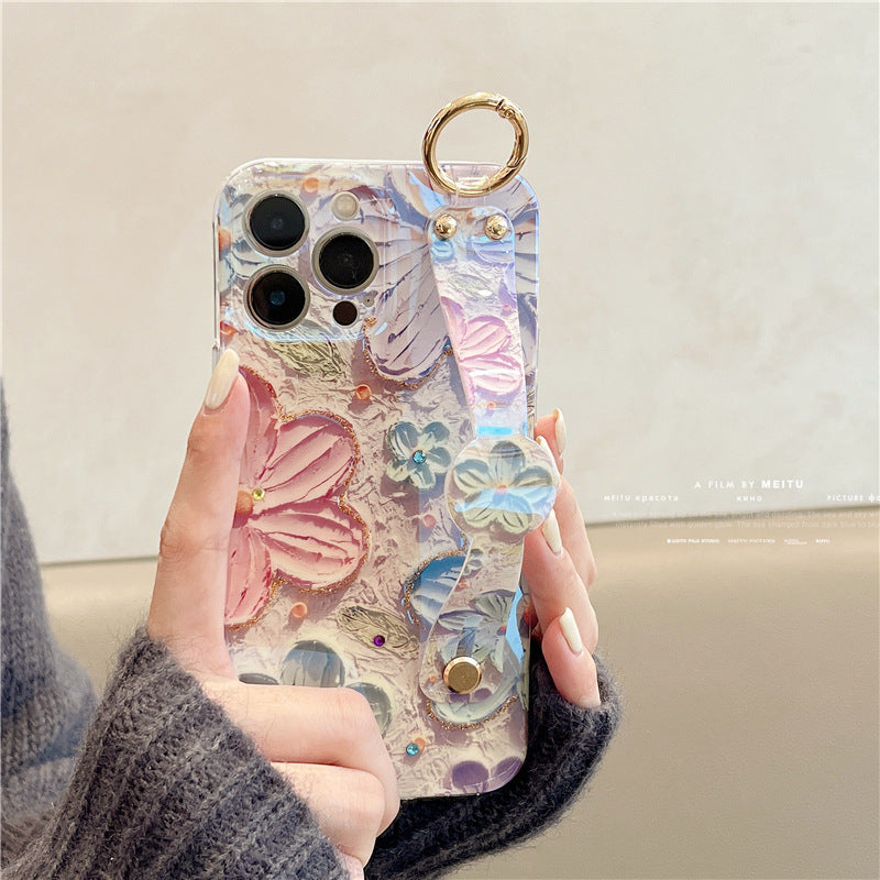 Accessories (Shipping fee not included) Applicable to iphone14promax mobile phone case Apple 13 oil painting flower wristband 11 blue light dot diamond 12 Korean women's models