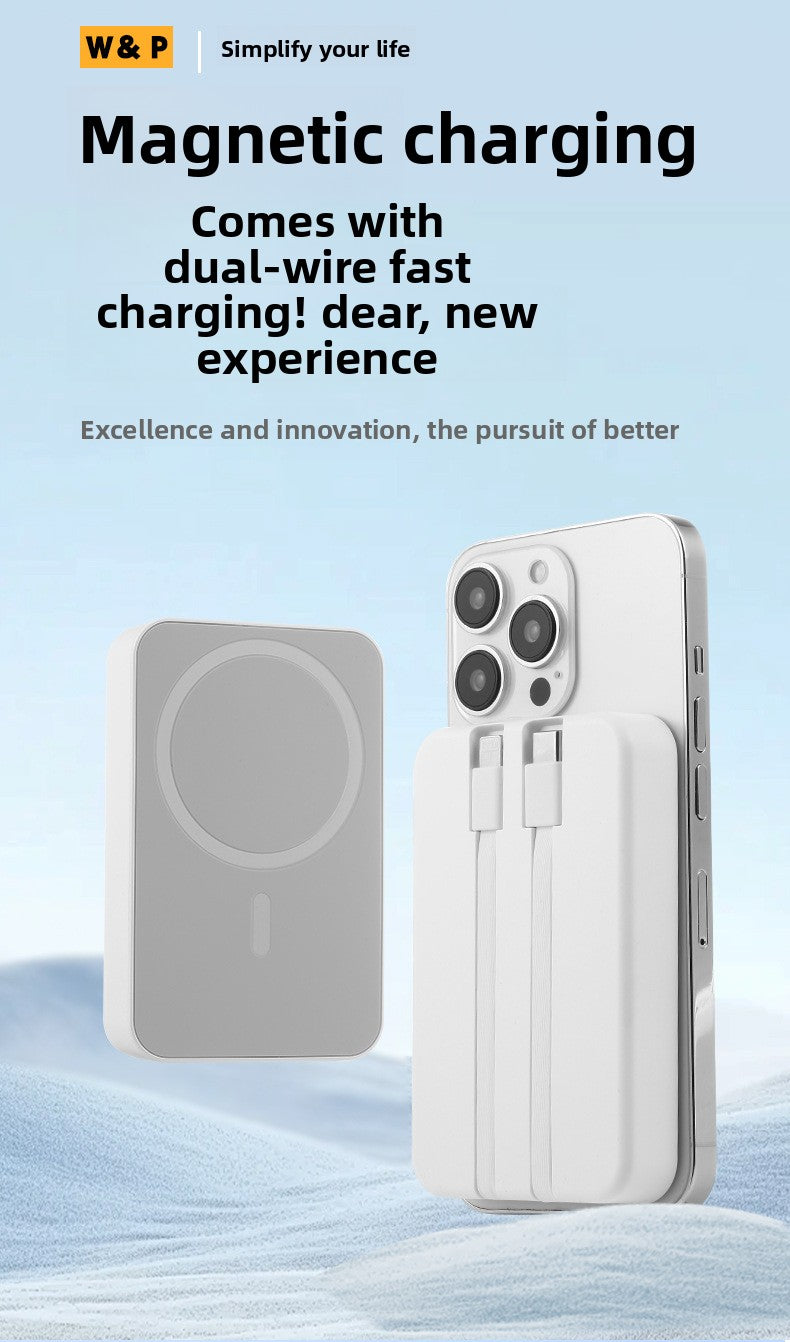 Magnetic wireless MagSafe power bank, large capacity, self-contained cable, fast charging mobile power supply.