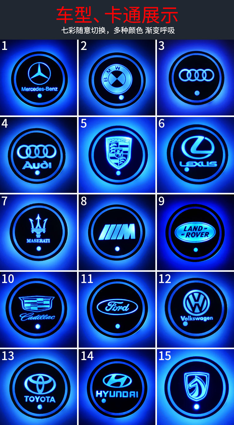 (Free shipping) Full brand Car LED light water coaster Colorful water coaster Car atmosphere light USB charging Non-slip mat