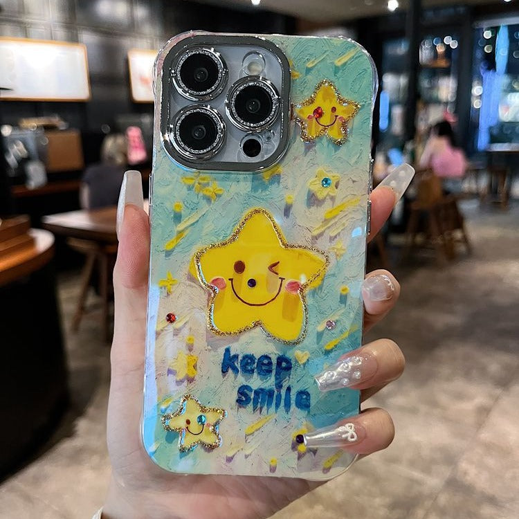 Accessories are suitable for Apple series iPhone15 new shell, cute smudge powder, multiple smiley faces, all-inclusive stars, anti-drop 14 tide