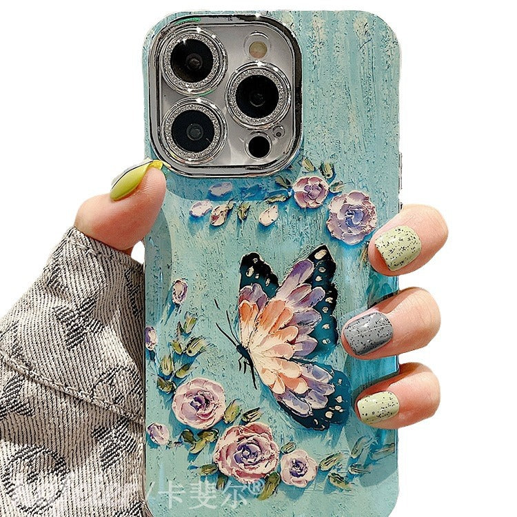 Accessories for high-end aesthetic oil painting flower butterfly bracelet iphone15pro max mobile phone case apple 13 new